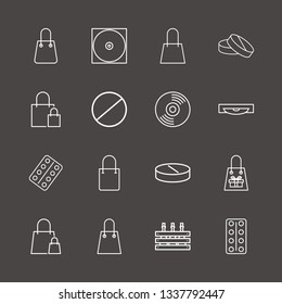 Outline 16 pack icon set. cd, shopping bag, drug and pill pack vector illustration