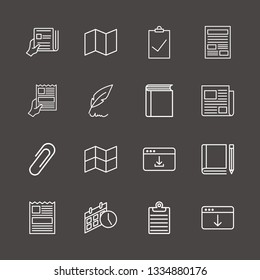 Outline 16 page icon set. feather pen, paper clip, newspaper and calendar time vector illustration