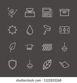 Outline 16 pattern icon set. shield, napkin box, paint roller and newspaper vector illustration