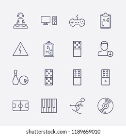 Outline 16 play icon set. bowling, danger, pc, cd, piano keyboard, skiing, joystick, dj, domino, download user, clipboard with tactic and football pitch vector illustration