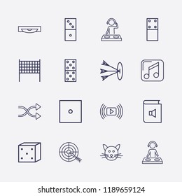 Outline 16 play icon set. cat, shuffling, volleyball net, dj, book sound, target, dice, media player, domino, music player and cd vector illustration