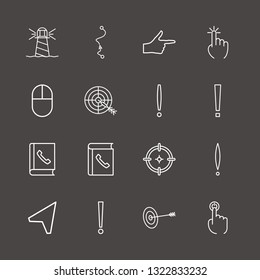 Outline 16 point icon set. finger right, lighthouse, click and exclamation vector illustration