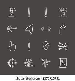 Outline 16 point icon set. target, turn right arrow, distance map and lighthouse vector illustration