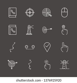 Outline 16 point icon set. click, one finger, lighthouse and aim vector illustration