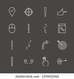 Outline 16 point icon set. aim, distance map, turn right arrow and finger click vector illustration