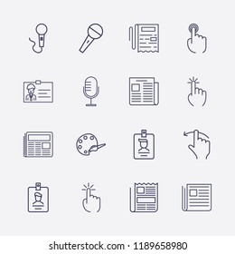 Outline 16 press icon set. finger click, newspaper, palette, microphone, click, id card and finger swipe vector illustration