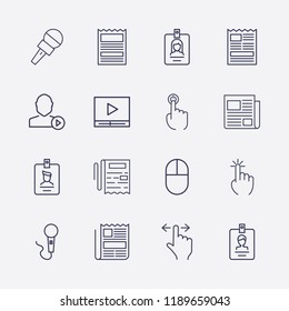 Outline 16 press icon set. id card, microphone, finger swipe, finger click, user mediaplayer, newspaper, media player and click vector illustration