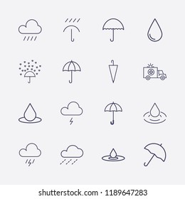 Outline 16 rain icon set. storm, ambulance, umbrella, love rain, drop and raining vector illustration