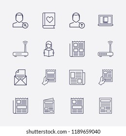 Outline 16 reading icon set. online book reading, favorite book, read the book, user search, upload user, router, newspaper, mail document and newspapers with hand vector illustration
