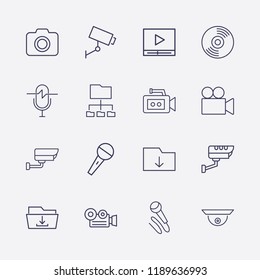 Outline 16 record icon set. microphone, video camera, cd, camera, download folder, media player, connected folder and security camera vector illustration