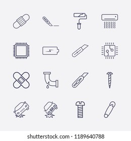 Outline 16 repair icon set. plaster, safety pin, battery, stationery knife, cpu, car crash, broken pipe, air conditioning, paint roller and screw vector illustration