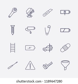 Outline 16 repair icon set. screw, ladder, screwdriver, stationery knife, battery, plaster, meters tool, car service, filter, wrench, safety pin, warning and car crash vector illustration