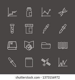 Outline 16 research icon set. satellite, analytics chart, dna and pipette vector illustration