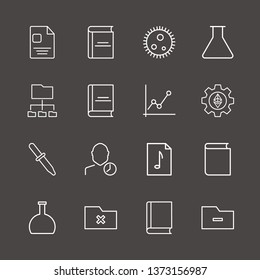Outline 16 research icon set. flask, pipette, book and analytics chart vector illustration