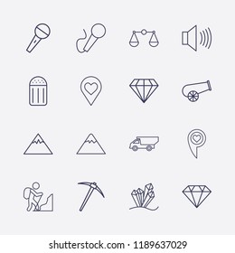 Outline 16 rock icon set. love location, cannon, salt, rock climber, miner, microphone, mountain, diamond, sound, balance, crystal and dump truck vector illustration