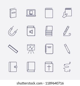 Outline 16 school icon set. notebook, bible, distance, pencil, online book reading, board in analytics, magnet, hand with book, book, ruler and book sound vector illustration