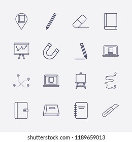 Outline 16 school icon set. pencil, notebook, board in analytics, distance, library location, magnet, online book reading, stationery knife, painting board, book, eraser and pen vector illustration