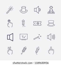 Outline 16 show icon set. middle finger, sound, fireworks, two fingers, dj, magic stick, tv, movie ticket, magic hat and finger click vector illustration