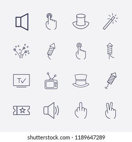 Outline 16 show icon set. movie ticket, sound, magic hat, two fingers, fireworks, middle finger, magic stick, finger click and tv vector illustration