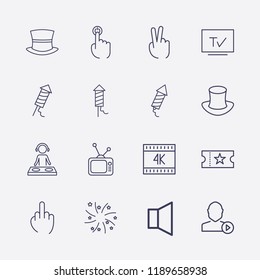 Outline 16 show icon set. two fingers, middle finger, magic hat, k, movie ticket, user mediaplayer, sound, dj, fireworks, tv and finger click vector illustration