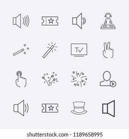 Outline 16 show icon set. movie ticket, user mediaplayer, magic stick, magic hat, fireworks, two fingers, tv, finger click, dj and sound vector illustration