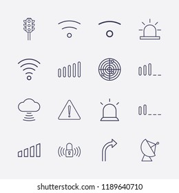 Outline 16 signal icon set. turn right arrow, cloud signal, warning, satellite antenna, alarm flasher, traffic light, radar, signal bars, lock signal and wifi vector illustration
