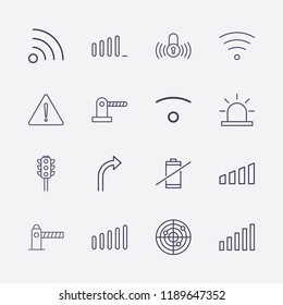 Outline 16 signal icon set. alarm flasher, wifi, warning, signal bars, traffic light, turn right arrow, parking barrier, radar, no battery and lock signal vector illustration
