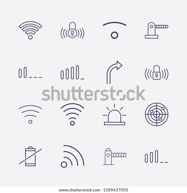 Outline 16 signal icon set. lock\
signal, parking barrier, turn right arrow, radar, alarm flasher,\
wifi, no battery, wi fi signal and signal bars vector\
illustration