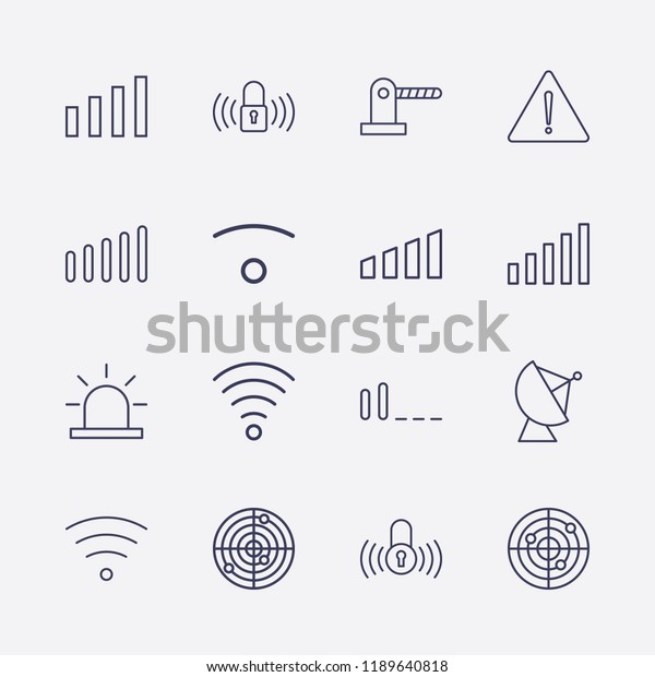 Outline 16 signal icon set. warning, signal\
bars, satellite antenna, alarm flasher, parking barrier, radar,\
lock signal and wifi vector\
illustration