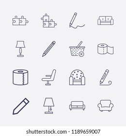 Outline 16 simple icon set. chair, jigsaw, pencil, toilet paper, armchair, close basket, lampshade and sofa vector illustration