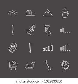 Outline 16 snow icon set. globe, skiing, exclamation and shovel vector illustration