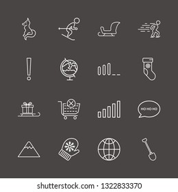 Outline 16 snow icon set. remove from cart, skiing, sled in gift and shovel vector illustration