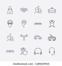Outline 16 street icon set. three way direction arrow, car location, trolleybus, police car, group setting, headphone, car, police, shopping bag check, lovers and car crash vector illustration
