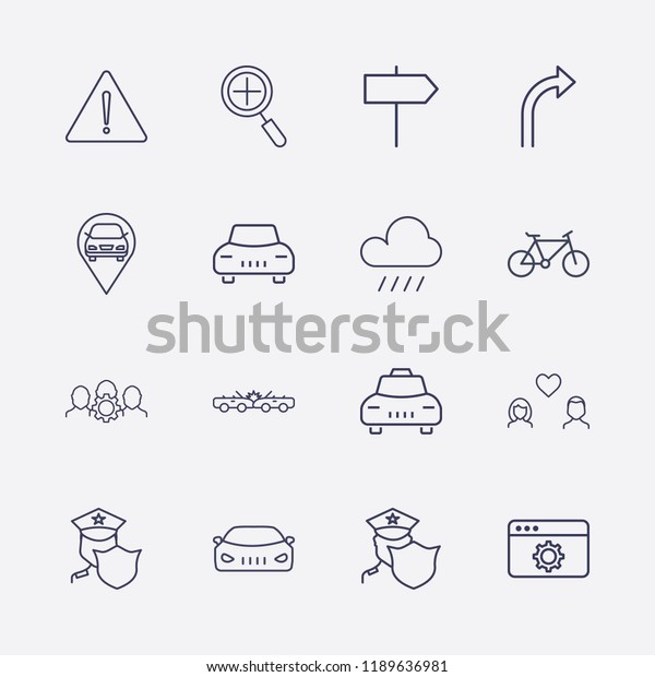 Outline 16 street icon set. car crash,
lovers, zoom, car, road sign, warning, turn right arrow, bike,
taxi, raining, police, browser setting, car location and group
setting vector
illustration