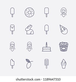 Outline 16 sweet icon set. birthday cake, ice cream, popcorn, lemon, woman in love, donut, party cone and rabbit vector illustration