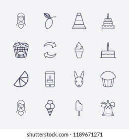 Outline 16 sweet icon set. refresh, ice cream, lemon, popcorn, smartphone with birthday cake, birthday cake, woman in love, rabbit, bell and cone vector illustration