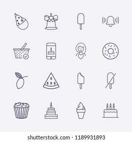 Outline 16 sweet icon set. cake, lemon, party cone, check basket, bell, forbidden ice cream, smartphone with birthday cake and woman in love vector illustration