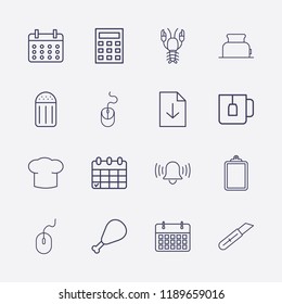 Outline 16 table icon set. chef hat, calculator, download document, lobster, clipboard, teacup, toster, salt, bell, chicken leg, stationery knife, mouse and calendar vector illustration