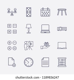 Outline 16 table icon set. calendar, document add, document, domino, clock, businessman group, calculator, projector, hand with gift box, lampshade and laptop vector illustration