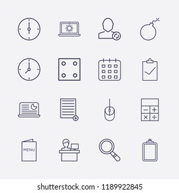 Outline 16 table icon set. mouse, search, add document, clock, clipboard check, calculator, menu, laptop with sun, clipboard, dice, user refresh and reception vector illustration