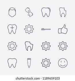 Outline 16 teeth icon set. tooth paste, human face, gear, broken tooth, toothbrush, tooth, smile and thumb up vector illustration