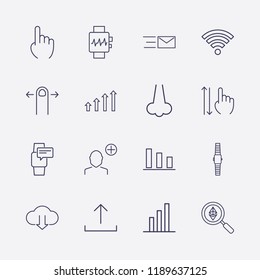 Outline 16 touch icon set. cloud download, finger swipe, send message, nose, smart watch, chart, upload, wi fi signal, one finger, ethereum search, smart watch chat and add user vector illustration