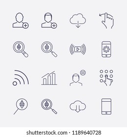 Outline 16 touch icon set. chart, user menu, ethereum search, smartphone setting, smartphone, add user, pressing number, cloud download, wifi, finger swipe and media player vector illustration