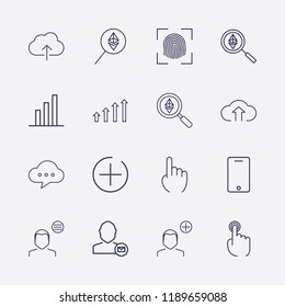 Outline 16 touch icon set. ethereum search, user menu, one finger, cloud chat, add button, finger scanner, cloud upload, finger click, add user, chart, smartphone and user mail vector illustration