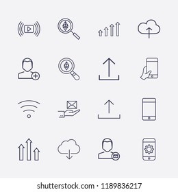 Outline 16 touch icon set. hand with message, cloud upload, add user, upload, smartphone, ethereum search, wifi, cloud download, hand with phone, user mail and media player vector illustration