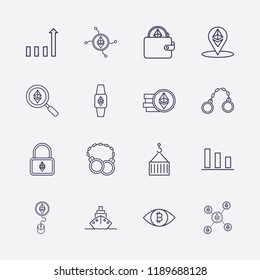 Outline 16 trade icon set.  location, eye with bitcoin,  network, shackles,  coin with mouse,  watch,  wallet,  coin,  search, ship, chart,  lock and crane box vector illustration