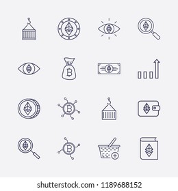 Outline 16 trade icon set. crane box, coin,  search,  money, bitcoin bag,  eye, chart,  wallet, network bitcoin, add to basket and  with book vector illustration