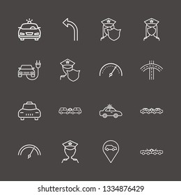 Outline 16 traffic icon set. turn left arrow, taxi, road and speedometer vector illustration