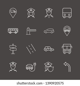 Outline 16 traffic icon set. bus, car, electro car and road vector illustration