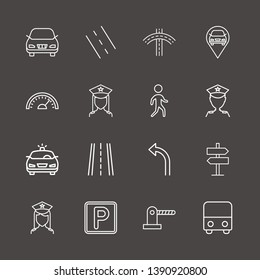 Outline 16 traffic icon set. road, bus, parking barrier and parking vector illustration